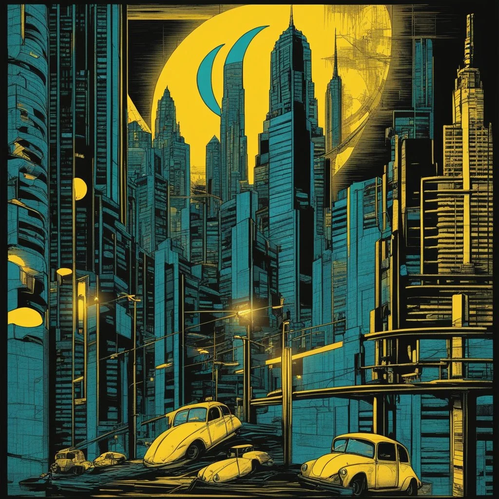 trompe l'oeil illusionistic detail, woodblock stamp print, twilight in the city, skyscrapers, neon lights, crescent moon, graffiti walls, poster art, cyberpunk, dramatic futuristic city-punk, yellow - cyan - black - midnight blue colors.