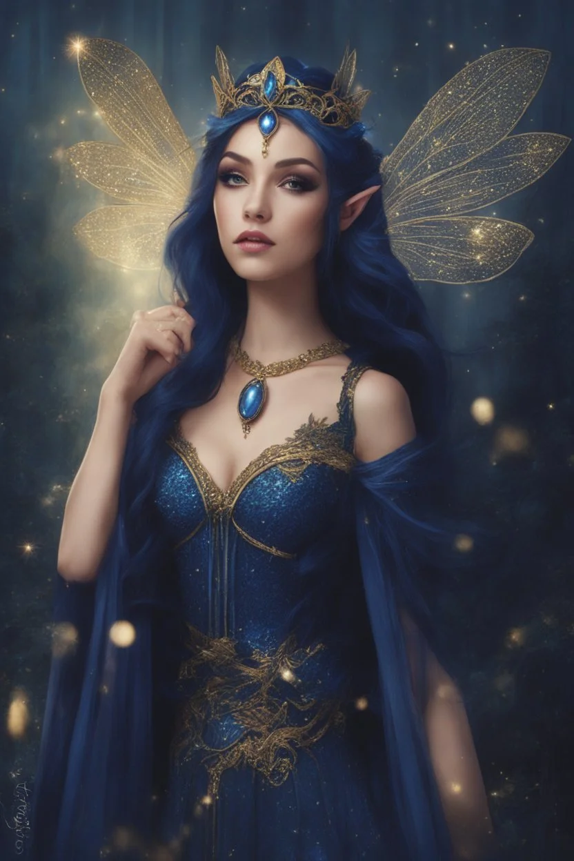 Midnight blue,Dark blue hair,night,dark fairy princess ,elven crown,elven ears,sparkle,glitter,gold armor,dragonflies,rapunzel hair,water lilies