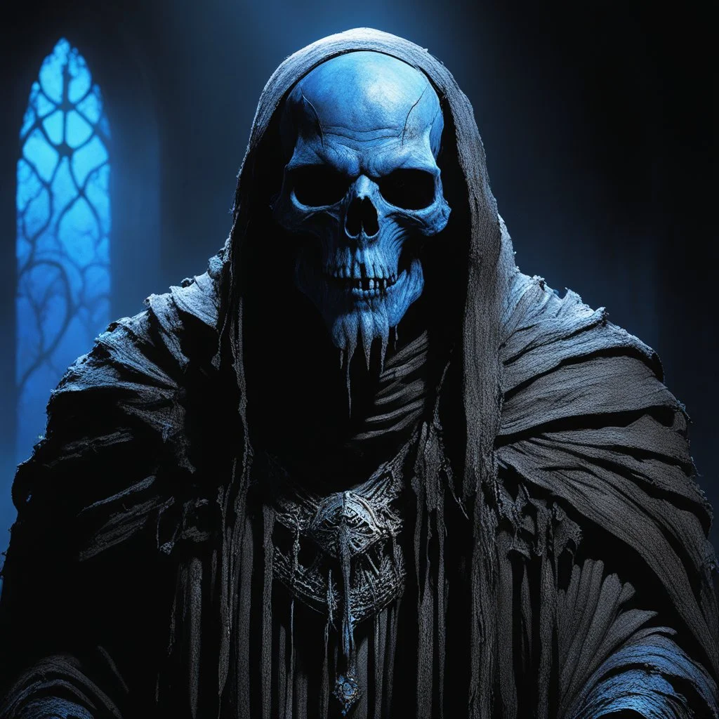 The thing moves again, emerging fully from the shadows. It is a wight—a walking corpse of immense size, its body wrapped in the tattered remains of priestly robes, gray with age and decay. The cloth flutters as it moves, revealing glimpses of bone beneath. Its head is a featureless skull with glowing blue light where the eyes should be, casting a faint azure radiance over the snow. As it drags itself forward, its joints grind audibly, the sound like stone grinding on stone.