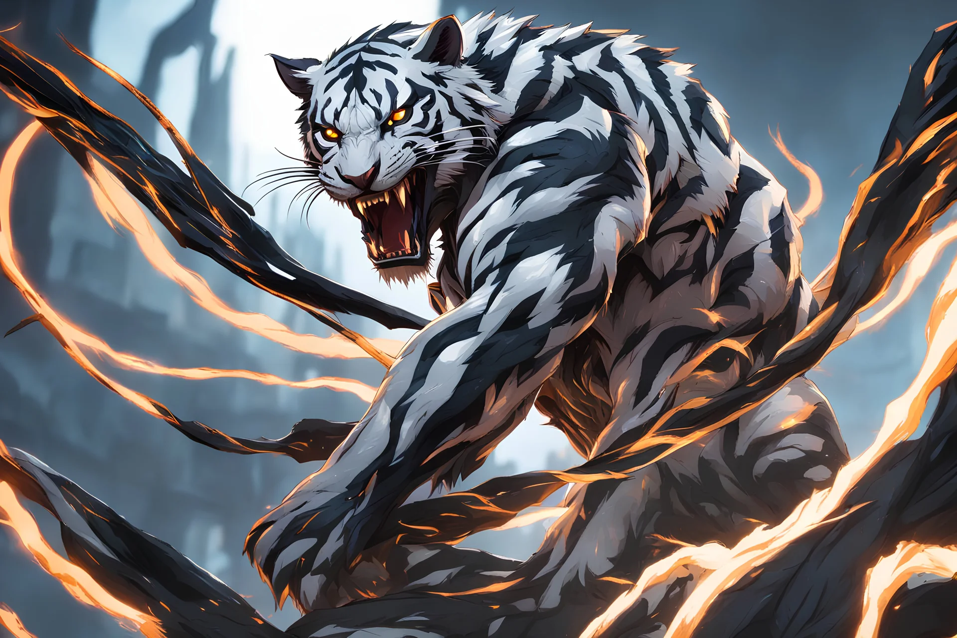 Venom beast in 8k solo leveling shadow artstyle, white tiger them, neon effect, close picture, full body, apocalypse, intricate details, highly detailed, high details, detailed portrait, masterpiece,ultra detailed, ultra quality