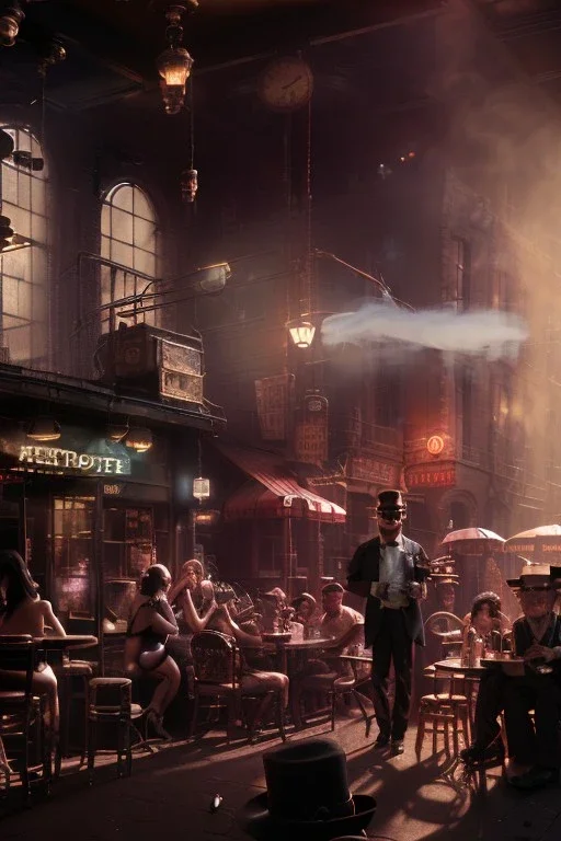 American shot view, cabaret scene, steampunk. old Asian man + little monkey, Sunglasses, smoking, happy, hot. Many people background, highly detailed, concept art, unreal engine 5, god rays, ray tracing, RTX, lumen lighting, ultra detail, volumetric lighting, 3d, finely drawn, high definition, high resolution.