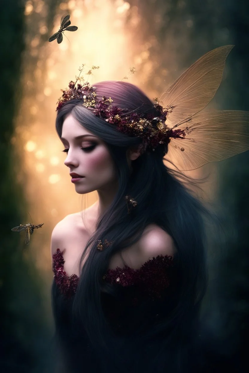 Burgundy dark red gold hair,very long hair, dark gold,gold,rapunzel hair,dark fairy princess,elven crown,dragonflies,fireflies,night,water lilies, orchids,jasmine flowers,glitter,sparkle,flowers,copper,bronze