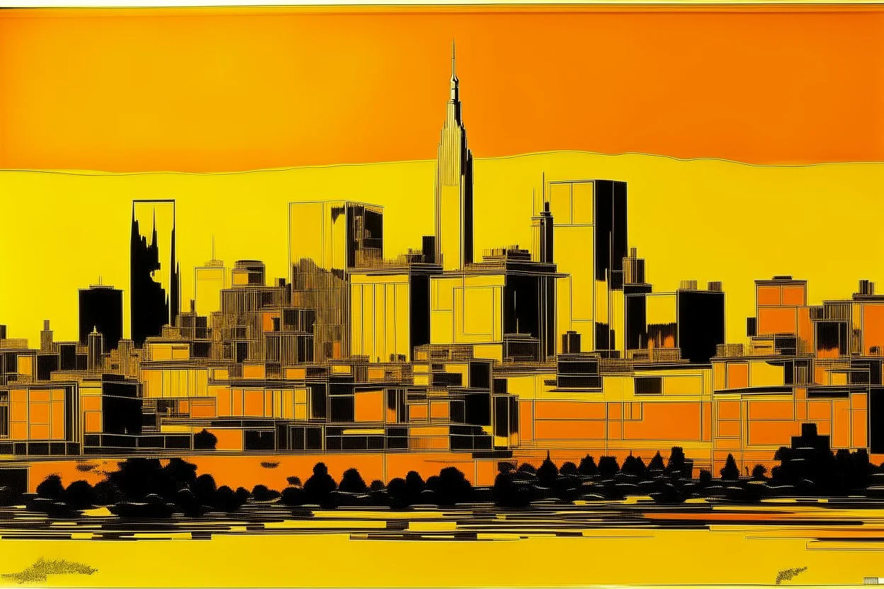 A golden yellow electrical city painted by Andy Warhol