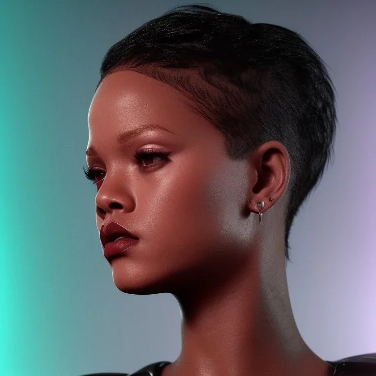 young rihanna, blade runner style, middle short hair, rain, fog, neon ambient, gradient color, clean skin, circuits, latex coat, cyber punk, neon, tubes, portrait, studio photo, unreal engine 5, smooth color, 16 bit, god lights, ray tracing, RTX, lumen lighting, ultra deatail, volumetric lighting, 3d, finely drawn, hd.