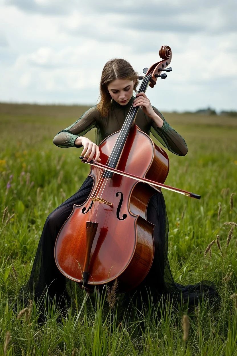 The whole body of Maniquí de glassy Artist mader playing the cello in a grass field