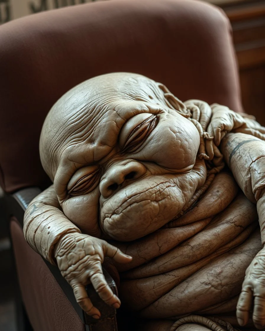a chubby really old mummified corpse, eyes closed, leaned over in a brown chair