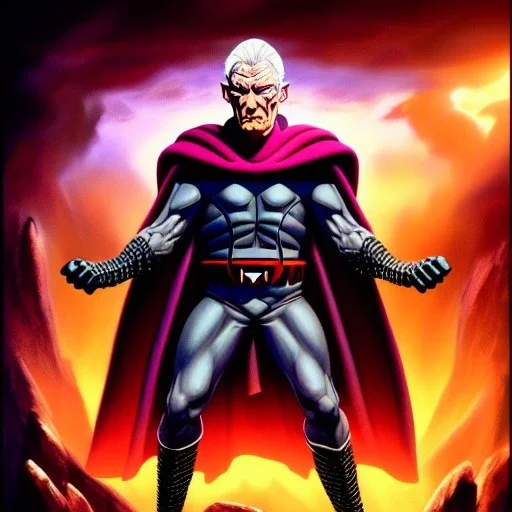 ultra detailed fullbody portrait of Magneto Villain , extremely detailed digital painting, extremely detailed face,crystal clear eyes, in the style of Simon Bisley and Ken Kelley and Frank Frazetta and robert e howard , mystical colors, perfectly centered image, perfect composition, rim light, beautiful lighting,8k, stunning scene, raytracing