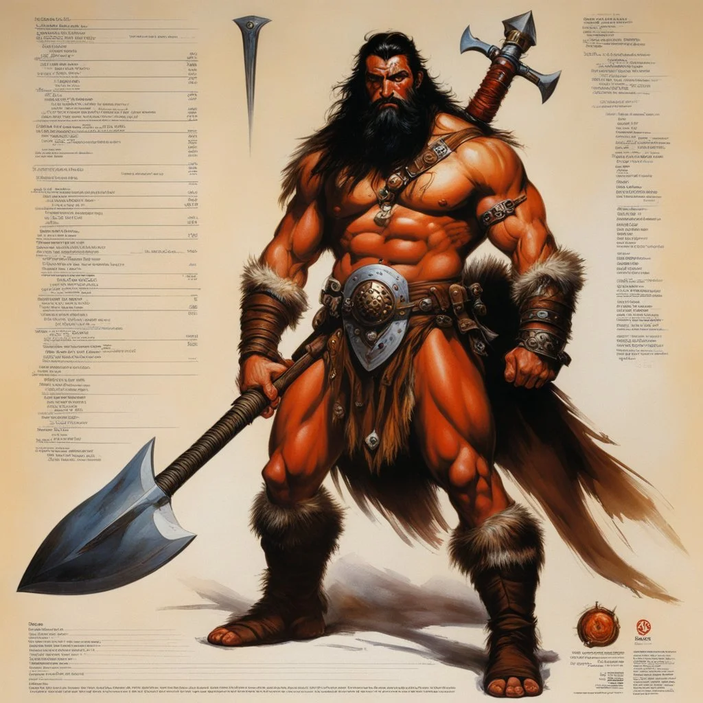 ConceptSheet [by Boris Vallejo]: barbarian and his axe with AD&D statistics