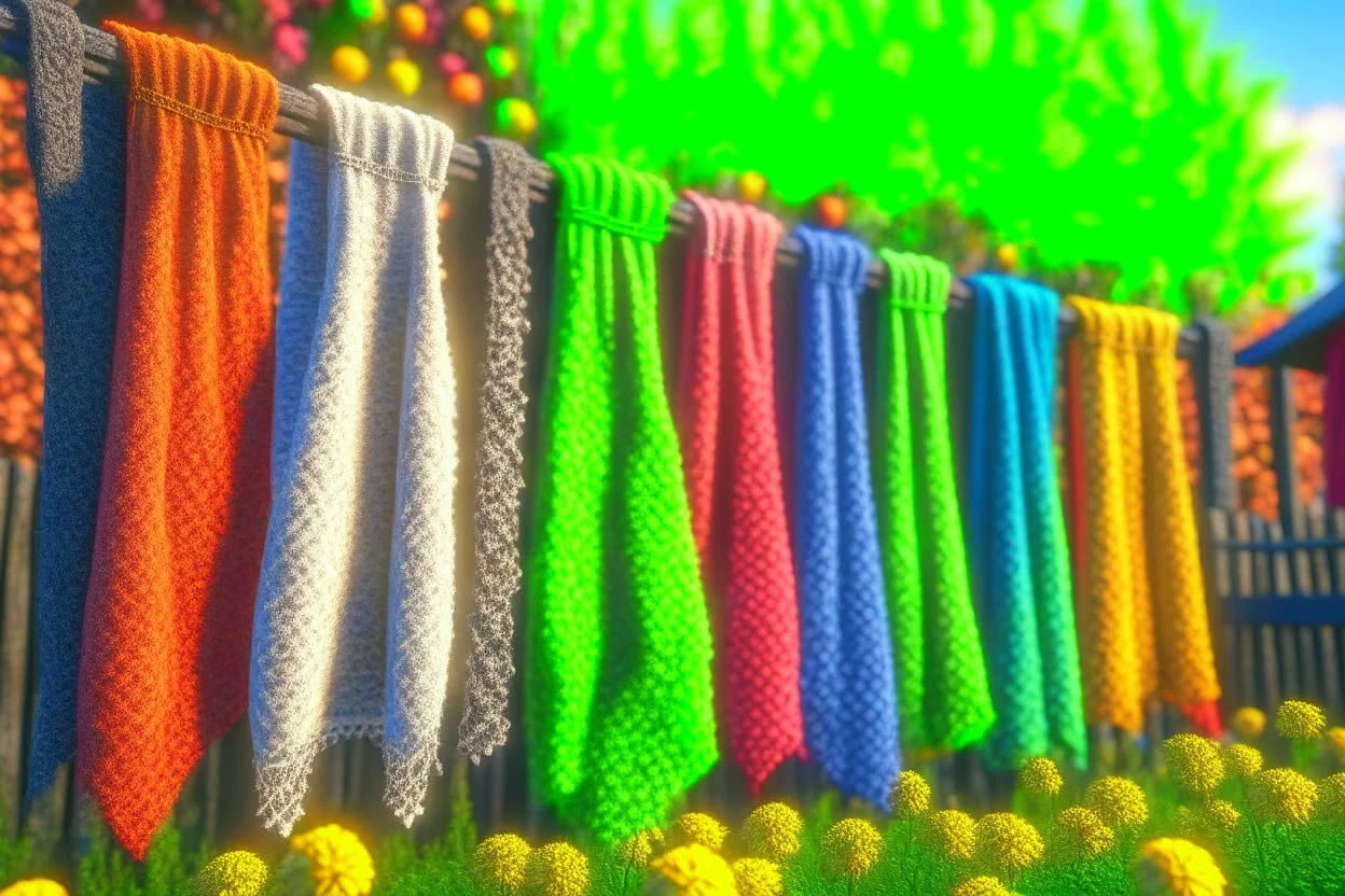 Beautiful lace pants of different colours drying on a clothesline in a flower garden, centre, bold colours elegant fantasy 8k beautiful dynamic lighting award winning imperial colors hyperrealistic ultra detailed 4K 3D high definition crisp quality colourful hdr, backlit, in sunshine