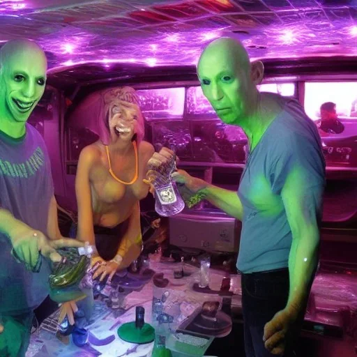 Gina Strippoli brian anwander and Steve Moretti with aliens drinking beer in a mothership