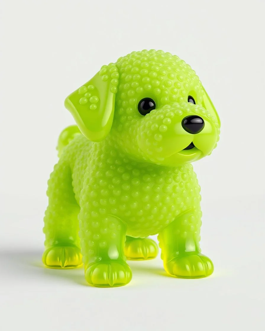 Generate image: A macro 3D render of a cute, lovely wooly dog ,made of Translucent glossy jelly material, soft gelatinous appearance, smooth rounded surface, realistic subsurface scattering, internal light diffusion, subtle volumetric translucency, wet polished highlights, slightly reflective surface, soft rubbery-plastic texture, vibrant neon green color, physically based shader, studio lighting, high-end CGI render.