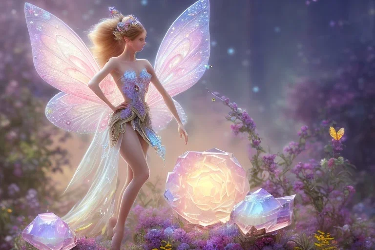 one very little beautiful fairy on a big crystal subtle flower in a galactic ambiance, transparent petals, delicate colors, in the foreground, full of details, smooth, bright sunshine，soft light atmosphere, light effect，vaporwave colorful, concept art, smooth, extremely sharp detail, finely tuned detail, ultra high definition, 8 k, unreal engine 5, ultra sharp focus