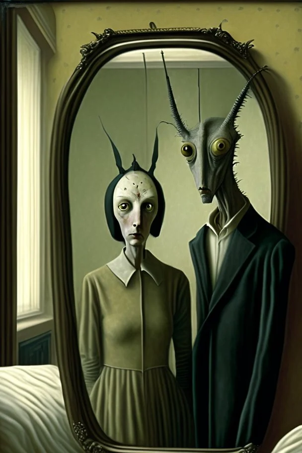 a couple male and female with distinct personality by ashley wood, leonora carrington, hieronymus bosch and mark ryden, alone in a hotel room : : portrait through a mirror : : ultra - detailed technical precision : : matte painting, high definition 3 d render, unreal engine