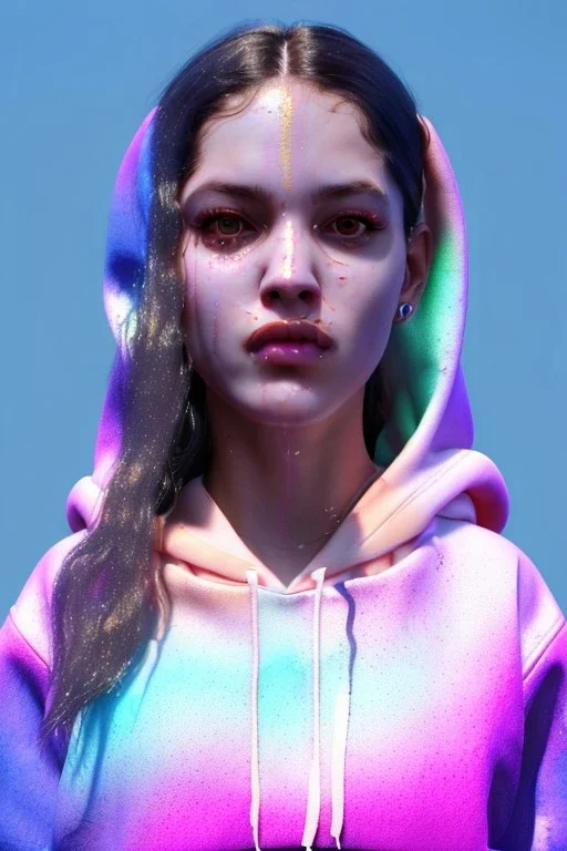 Ultra Realistic image, Rosalía artist, portrait, waist up portrait, long black eye line, sweet face, inflatable hoodie, gold pink and blue style, spray glow make up, rings piercing nose, led ornament, fog, cold, bubble latex coat, vibrant color, highly detailed, art stations, concept art, smooth, unreal engine 5, god rays, ray tracing, RTX, lumen lighting, ultra detail, volumetric lighting, 3d, finely drawn, high definition, high resolution.