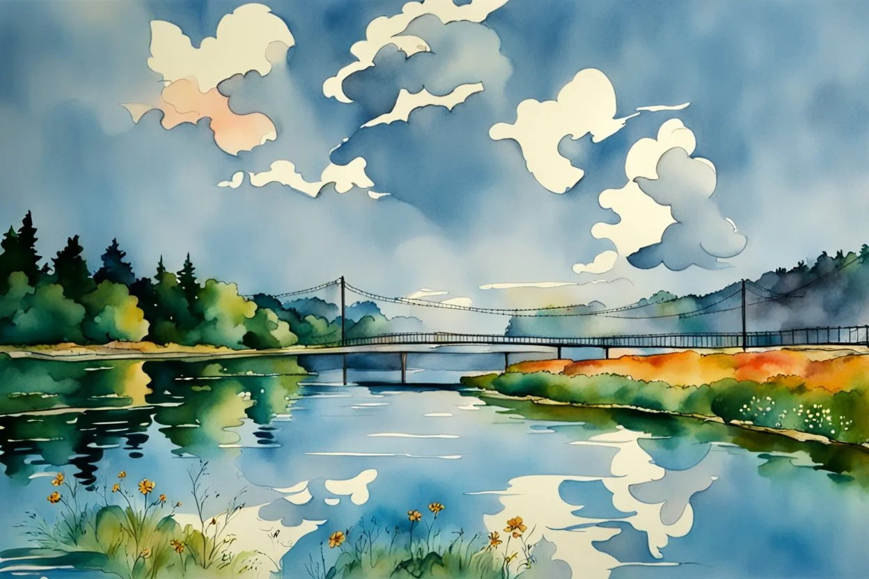 Urban sketch of a beautiful forest in ink and watercolor, storm clouds, full sunset, flowers, kurved path, old wood bridge, gull Modifiers: beautiful award winning