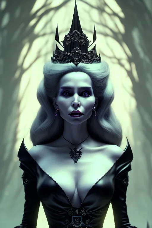 Constance Langdon as evil queen in black leather, leather, busty, cleavage, angry, stern look. character design by cory loftis, fenghua zhong, ryohei hase, ismail inceoglu and ruan jia. unreal engine 5, artistic lighting, highly detailed, photorealistic, fantasy