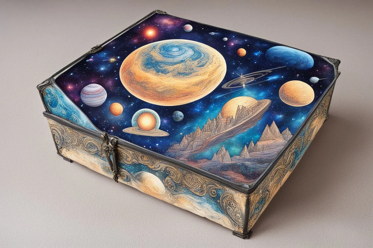 a box for storing things with beautiful drawings a lot of colours, very detailed, angels, minerals, planets space, galaxies, pyramids on a planet