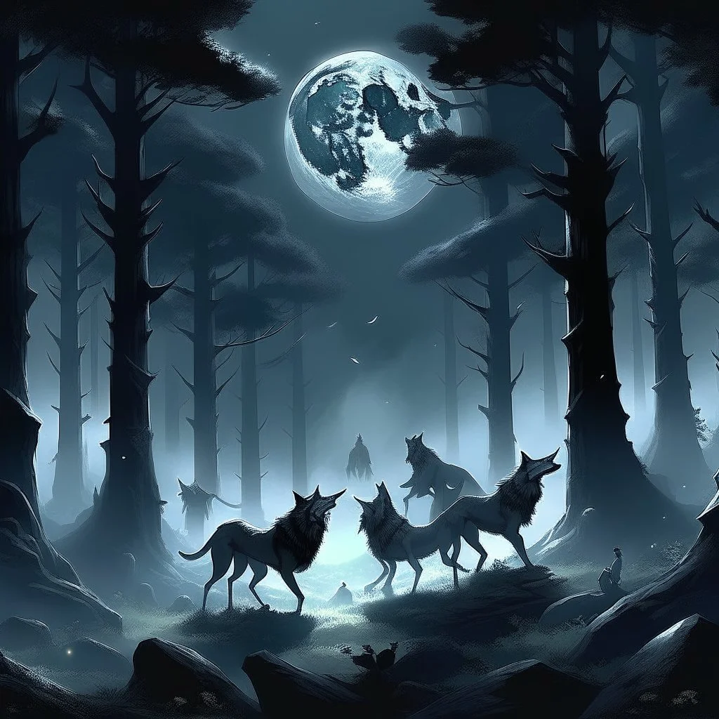 a moonlit clearing in the heart of a dark forest, where a pack of werewolves gathers to perform a sacred ritual under the watchful gaze of the full moon, their howls echoing through the night.