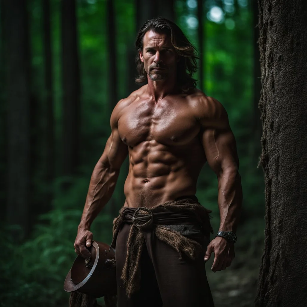 Handsome and muscular 40 year old shirtless mountain man, dark fantasy