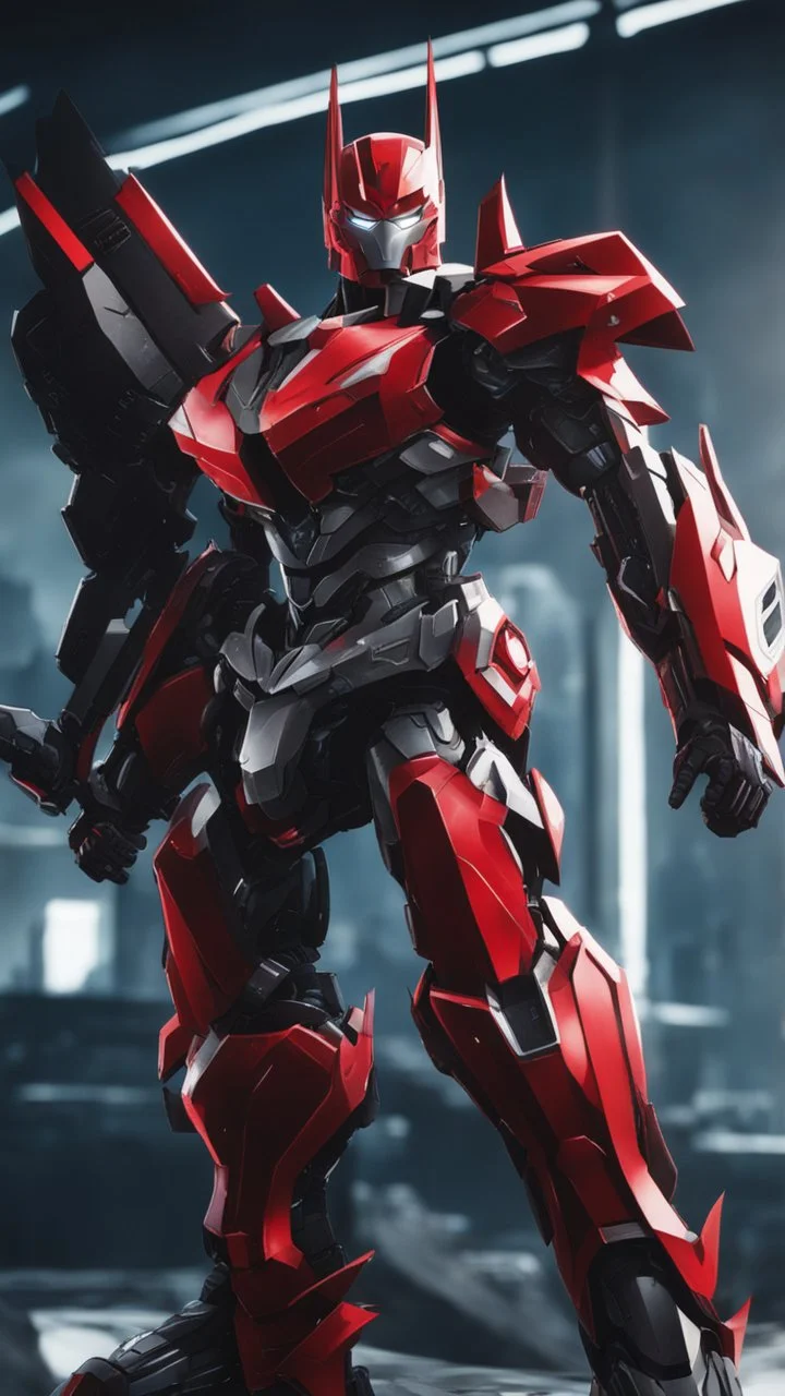 A close picture to Mix between machine and batman in transformers cyborg with black metal and red armor in solo leveling shadow art style with red details detailsis in fantasy world