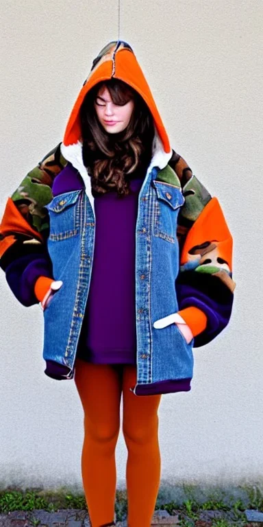 Brunette woman.thick thighs,thick calves,normal bodytype. big head. Mantle is sewed of upcycled Denim and sewed together of camouflage pieces. Colors are orange,red, cream and purple and various denim colors. It is with big bright purple felt tippet and cream-colored-hood. mantle is merged with satchel, ochre. AKG-style headphones (gold rings!) is merged with small felt cap with visor. Style: Haute Couture in 1950's, N.Y.C fashion in 2024, inspired by street art. Cream latex gaiter. Tennis shoes