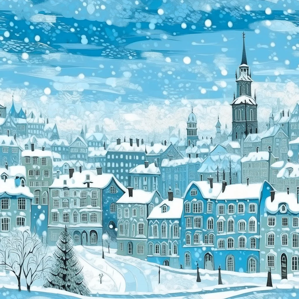 A cyan city in winter season with falling snowflakes designed in Scandinavian folk art painted by Claude Monet