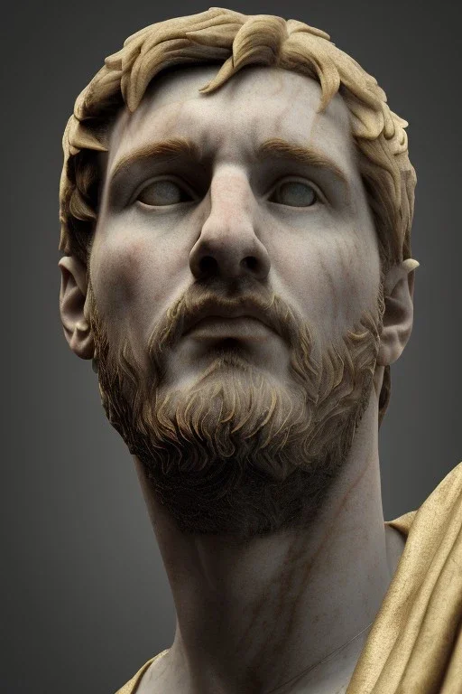 Realistic image, Roman sculpture made in marble with gold veins, Lionel messi, gold laurel leaves crown, waist up portrait,marble material, gold ornaments, Renaissance style, sun rays background, epic, celestial, cinematic lighting, God lights, 4k resolution, smooth details, soft lighting, unreal engine 5, art station, substance 3d.