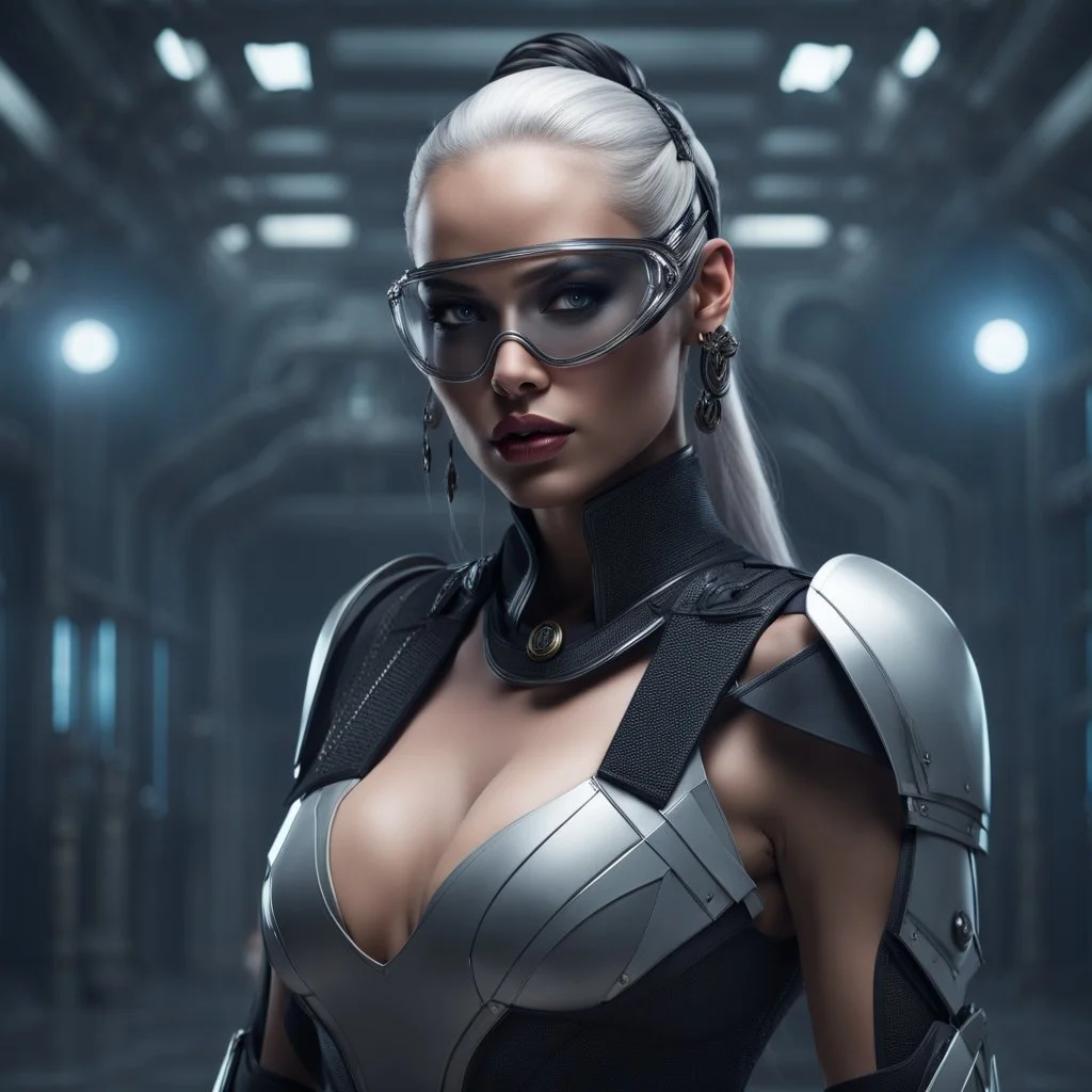 Describe a futuristic yet realistically powerful woman with an old-school charm, embodying a spirit that seamlessly combines the advancements of the future with the timeless strength and grace of the past. Explore her appearance, personality, and the unique blend of modern and traditional elements that define her character.