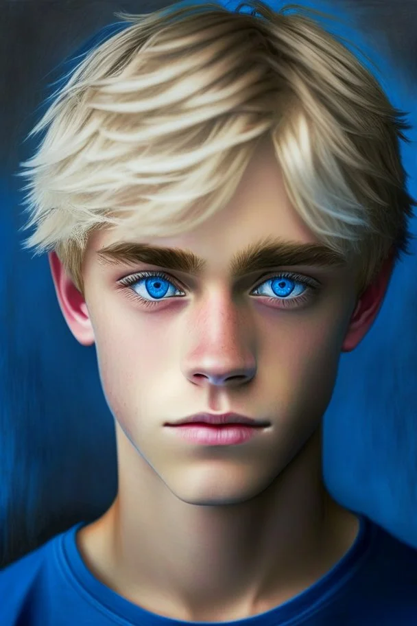 a portrait of teenage boy in blue tee-shirt blue eyes blonde black hair