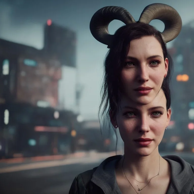 a moody medium-close-up shot of an attractive woman with a gentle smile and curved ram horns on a cyberpunk city sidewalk, high-resolution