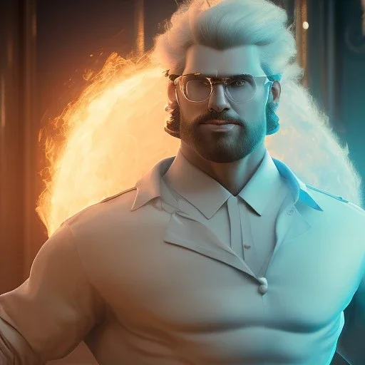 large superhero man wearing a white shirt, big belly, puffed out blonde hair, standing in a bar, illumination, brilliant coloring, smooth, sharp focus, crispy quality, vray; Artstation; HD, HDR, SF, CGSociety, 16k, photorealistic, unreal engine