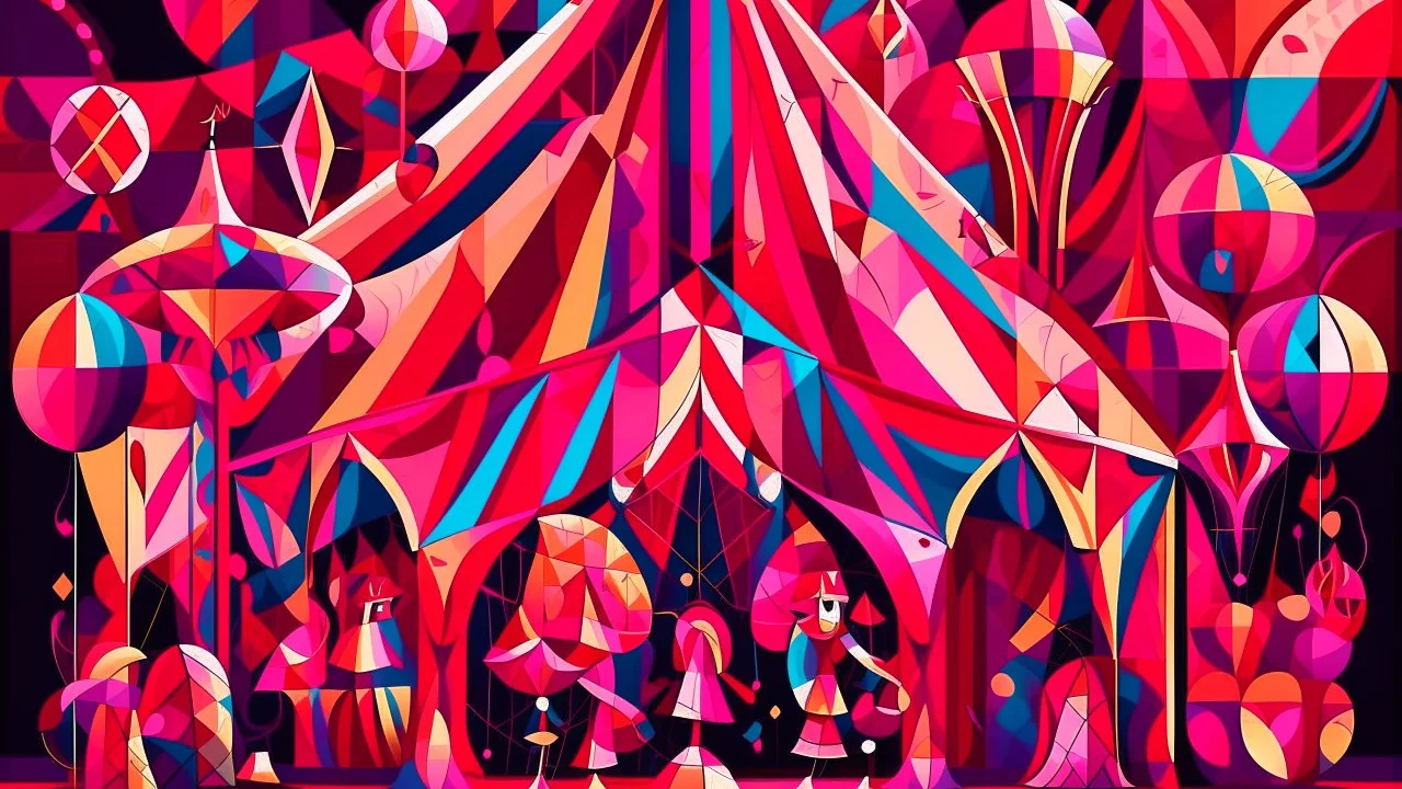 A magenta circus with beaming magic in cubism art style