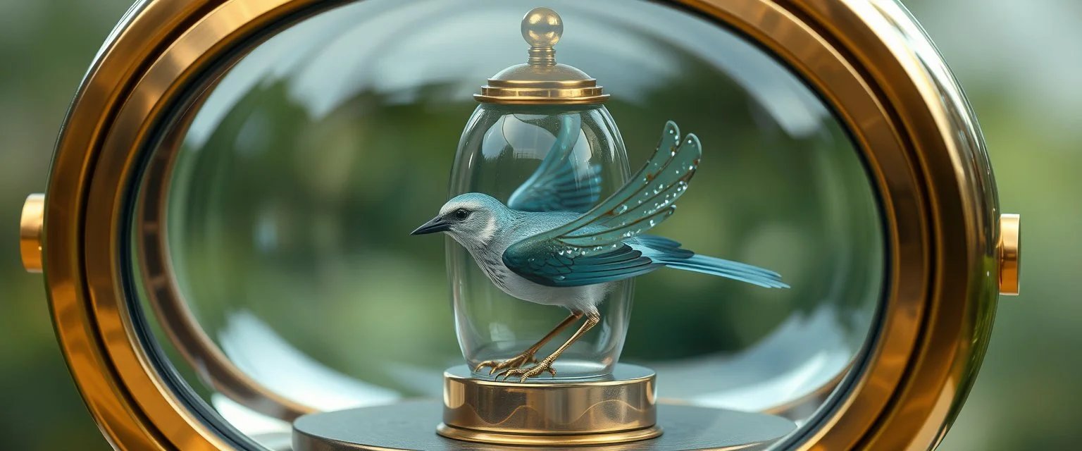 sweet magical bird using a machine as a house, the machine is glass and bronze, rounded elliptical cylinder
