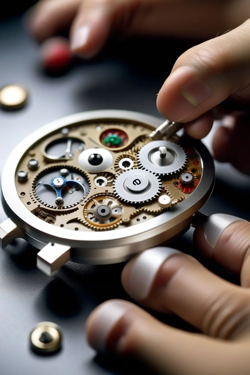 Highlight the craftsmanship of a jump hour watch by capturing the watchmaker's skilled hands working on its intricate components.""