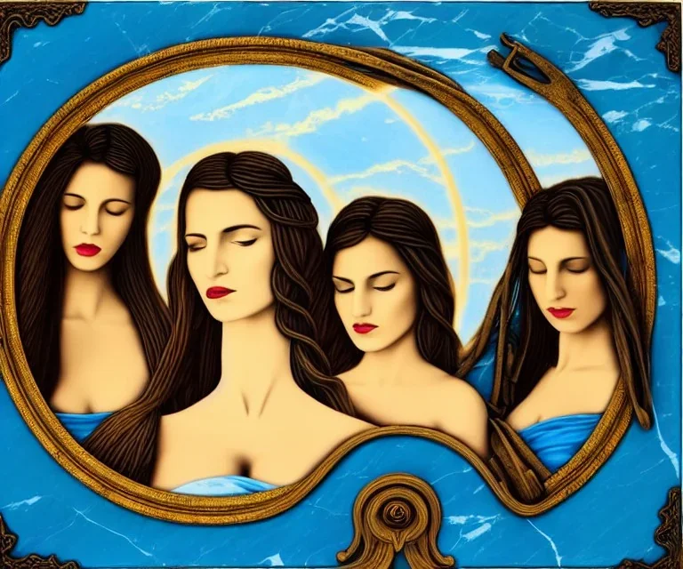 Very sensual gorgeous "Las tres gracias" Post modern art. 3 young white woman brunette hair maiden dressed in blue posing sensually with plaits,In and out of an empty surreal picture frame. Background of ancient marble Roman arcs heavenly sunshine beams divine bright soft focus holy in the clouds steampunk engine.