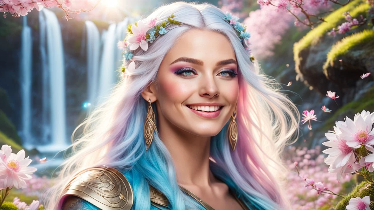 Photo realistic portrait of a gorgeous smiling skinny viking goddess with a golden dark shining skin, long smooth clear turquoise blue and pink white hair, blue eyes, in a sci-fi outfit with luminous strikes blowing a kiss in a hill of flowers with sakura trees, a waterfall, a crystal palace, loads of mini flowers, moss, sun rays through the branches, particles in the air at spring. Intricated details,