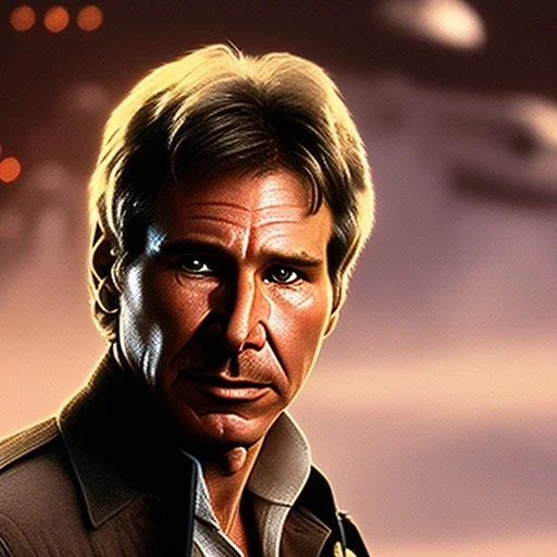 extremely detailed 8k hyperspace wallpaper,complete and photo realistic detailed head to waist stunning photo realistic portrait of harrison ford as han solo in star wars with short lenght, Symmetrical, soft, fine, warm, photo realistic hair, brown eyes, professional majestic photo realistic painting by Ed Blinkey, Atey Ghailan, by Jeremy Mann, Greg Manchess, Antonio Moro, trending on ArtStation, Intricate, High Detail, Sharp focus,dramatic, by greg rutkowski,careworn face,space outfit