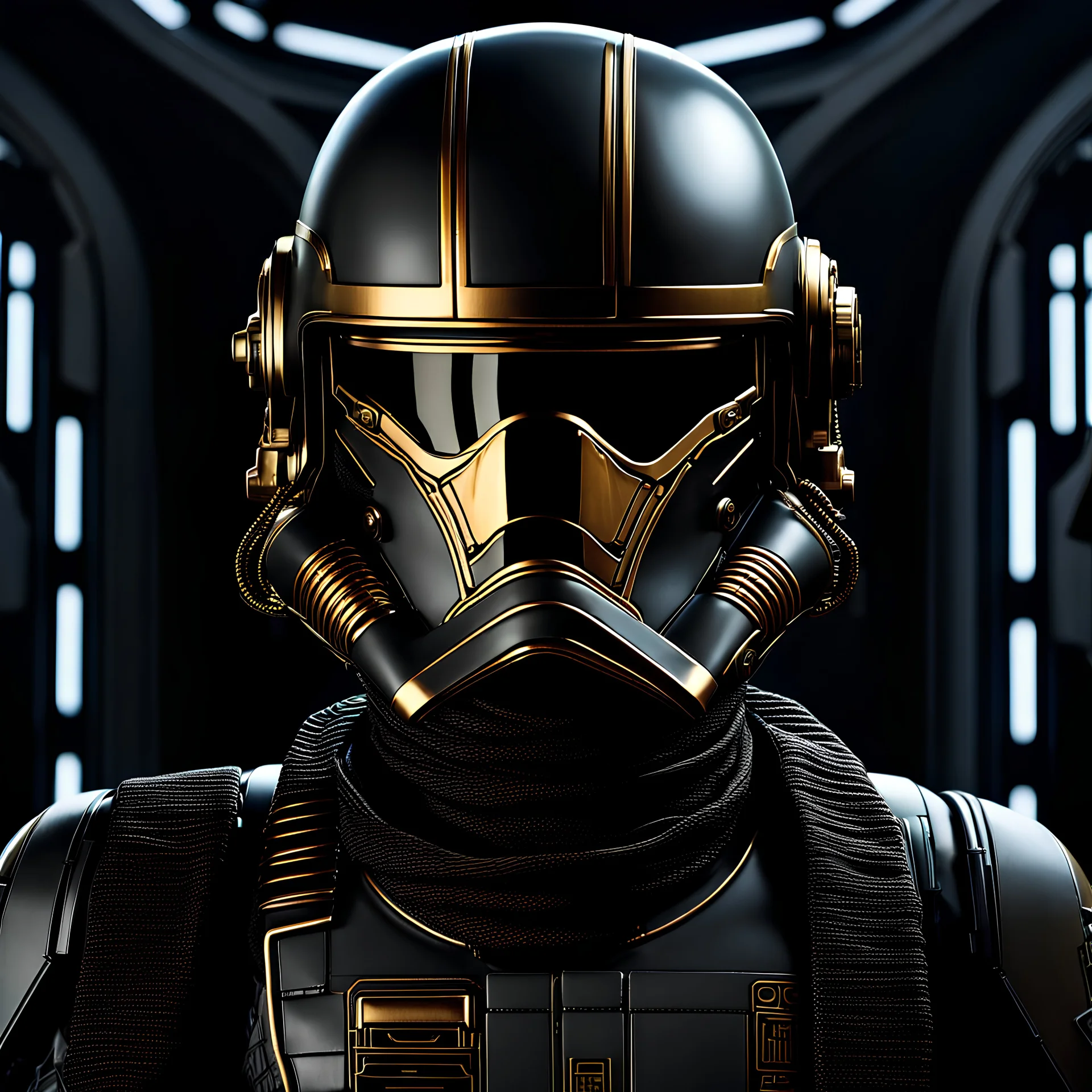 star wars bald male corellian pilot wearing gunmetal grey and black First Order armored special forces TIE pilot flightsuit and helmet with gold trim inside the jedi temple, centered head and shoulders portrait, hyperdetailed, dynamic lighting, hyperdetailed background, 8k resolution, volumetric lighting, fully symmetric details