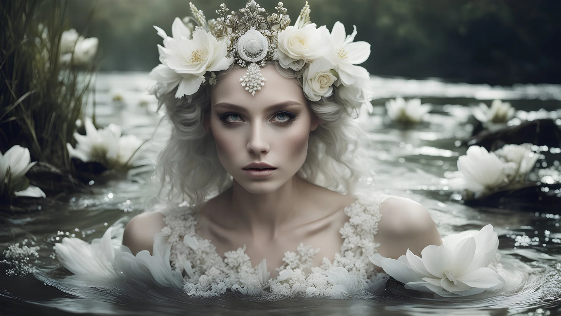 Gorgeous siren dancing in a river, ghostly appeareance, amphibious traits on her face, white flowers crown, delicate, intricate, detailed, Full body portrait of a figure, hypercomplex detailing, capturing the essence of a styled photograph by Tim Walker and Rebeca Saray, face features meticulously detailed with sharp eyes and soft skin texture, shot in the style of analogue photography for crisp quality, employing key lighting to highlight sharpness and focus