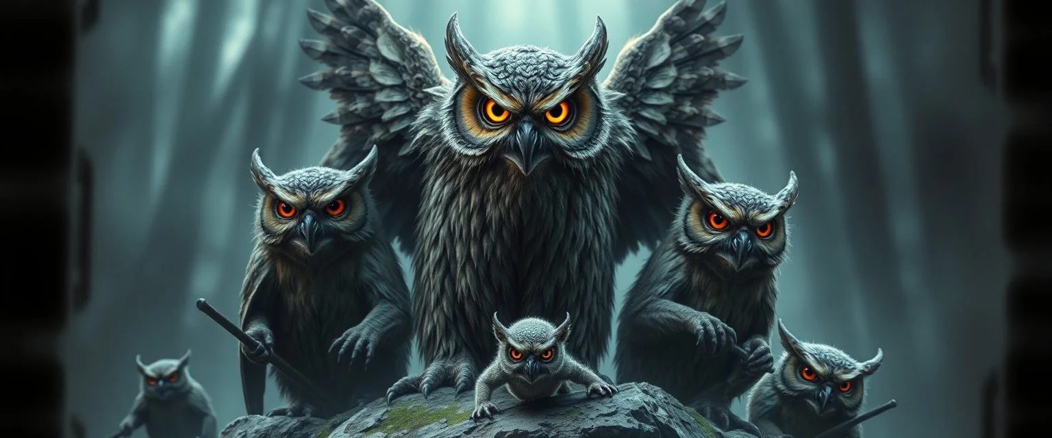 bad ass Owlbears overlord with some kobolds, hyperrealism, motion blur background with black film strips