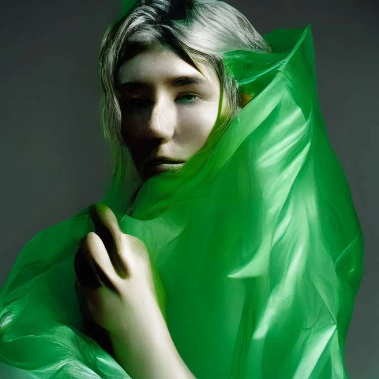 wearing a green translucent cloth