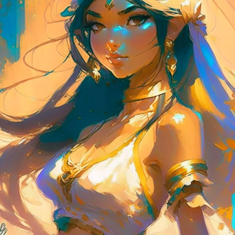 cute anime disney princess jasmine, key visual, glamour,sceane from princess mononoke movie, cute anime girl, dynamic pose, anime digital painting by loish + rossdraws + Pino Daeni, brush strokes, painterly, impressionist style, half painted, golden hour