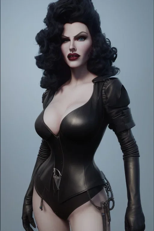 Rita Hayworth as evil queen in black leather, busty, cleavage, curvy, angry, stern look. character design by cory loftis, fenghua zhong, ryohei hase, ismail inceoglu and ruan jia. unreal engine 5, artistic lighting, highly detailed, photorealistic, fantasy