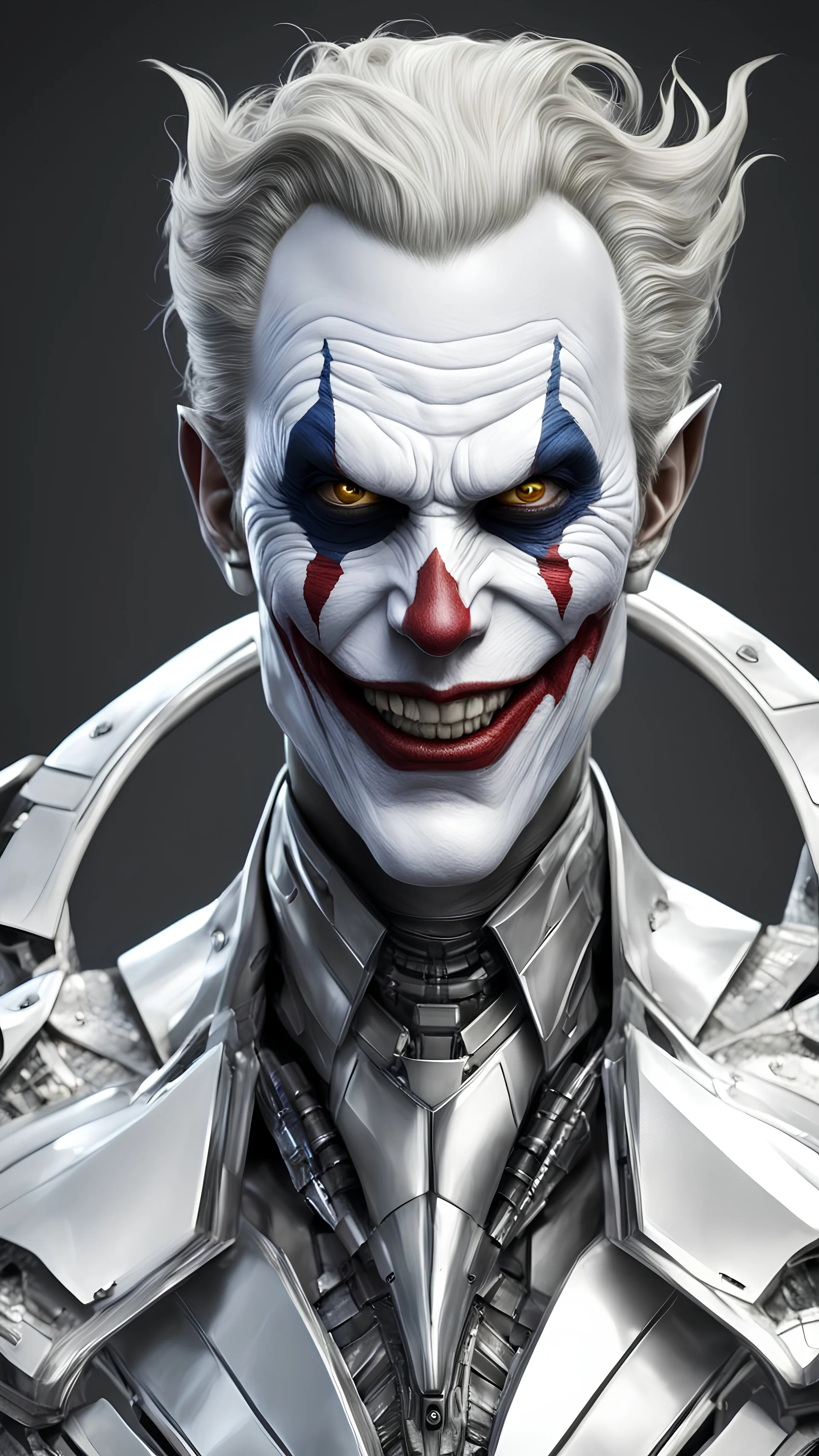 A realistic white joker in a titanium cybernetic suit, detalhado, designe perfeito, alta qualidade arestas perfeitas e simetricas ::n_desenho de estilo, Low-quality imperfection, boneco, game, anime