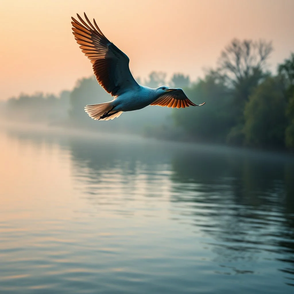 Hyper Realistic early morning (6:40 am) scenery of a riverside where a beautiful bird flying just few inches above the river water showing dramatic and cinematic ambiance.