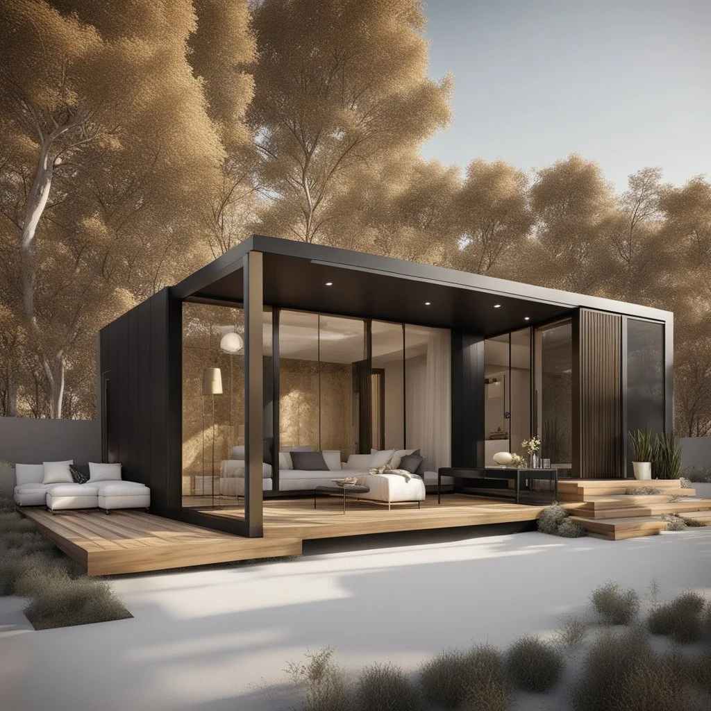 Create a small modern prefab house with white, gold and black colors, photo