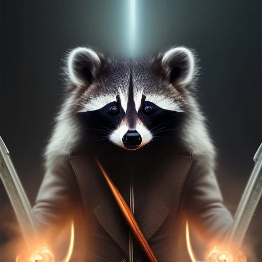 slobbering racoon tounge, Rendezvous,dark figure with scythe, full body, glowing eyes, grey mist, light rays, torch,ass face, long striped hair swirls, fog, smoke,