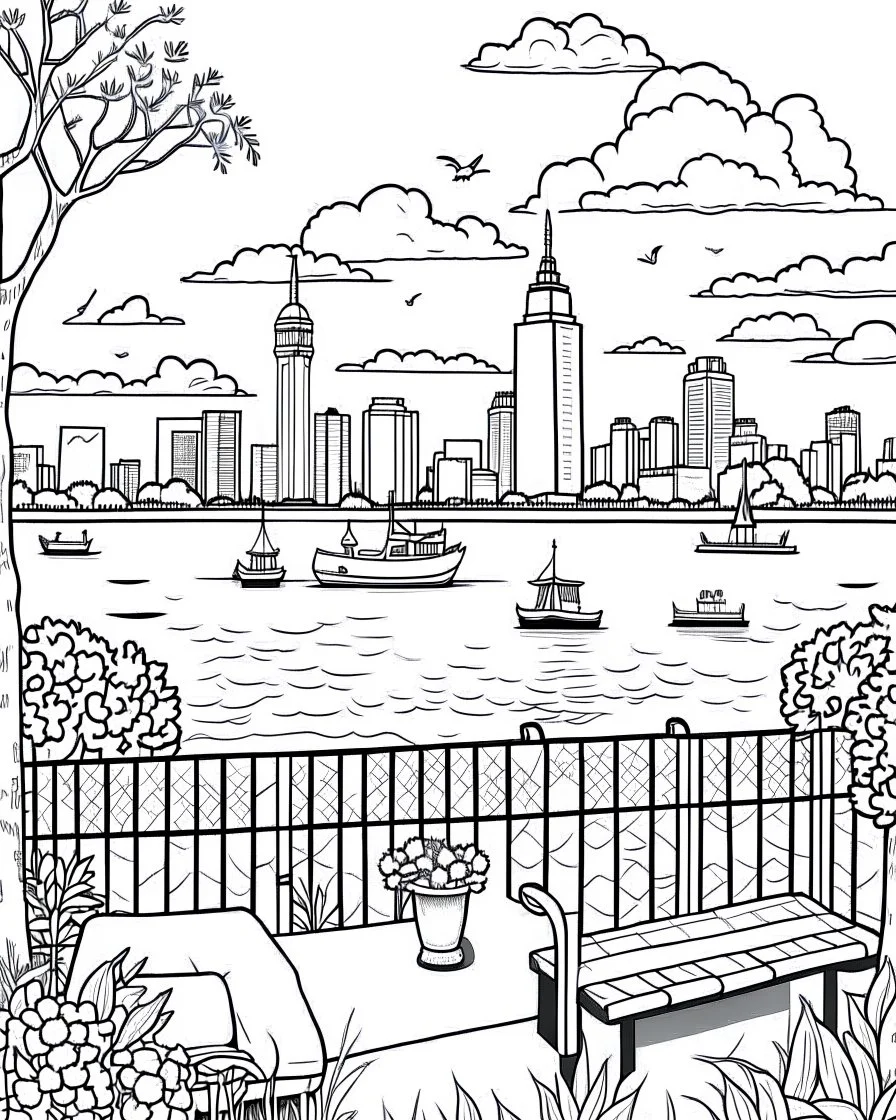 Create a serene black and white coloring page showcasing the peaceful waterfront of Battery Park, offering a picturesque view of the harbor and the distant Statue of Liberty. Remove the black background to make it an enjoyable coloring experience for both kids and adults.