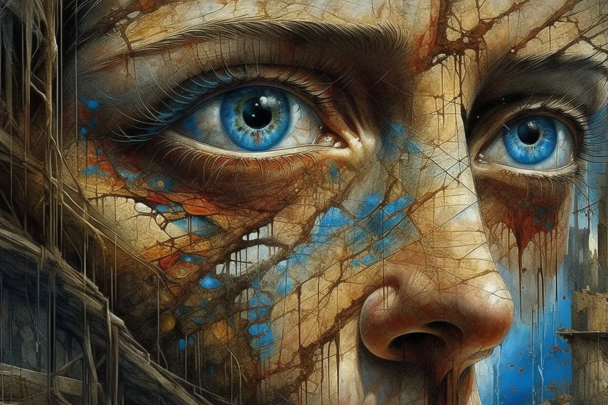 Under Reconstruction; highly detailed digital painting in the style of Loui Jover, Zdzisław Beksiński, Lee Jeffries, and Bryan Larsen, perfect beautiful realistic eyes, scaffolding in landscape, cracks, fissures, weathered ancient stone, by Gerald Festus Kelly, Lexy Parks, colorful, cinematic, 4k, epic , sharp focus, diodes, smoke, sparks, motherboard, ladders, branches, clouds of steam, by Gediminas Pranckevicius, artstation, hyperrealism, painting, concept art of detailed