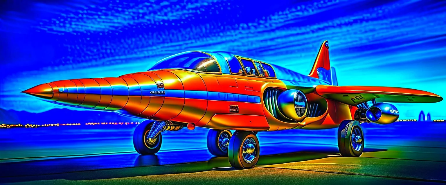 A national geographic award winning photograph of a military fighter jet station wagon wasp hybrid designed by volkswagen only one vehicle per image painted metallic orange traveling at a high rate of speed, jet intake off of front center of vehicle and jet exhaust out the rear with bright blue flame